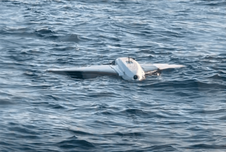 A Gerbera-type drone of Russian design was destroyed after being discovered floating near Romania's largest natural gas project. The drone is seen floating in the waters of the Black Sea.