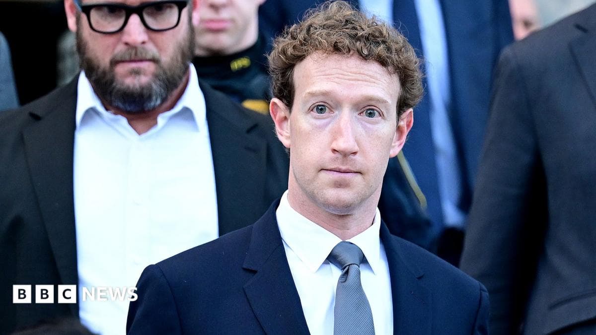 Zuckerberg looks directly at the camera while wearing a blue suit and tie while descending the steps of the Superior Court in Los Angeles in February, surrounded by his legal team also wearing suits.