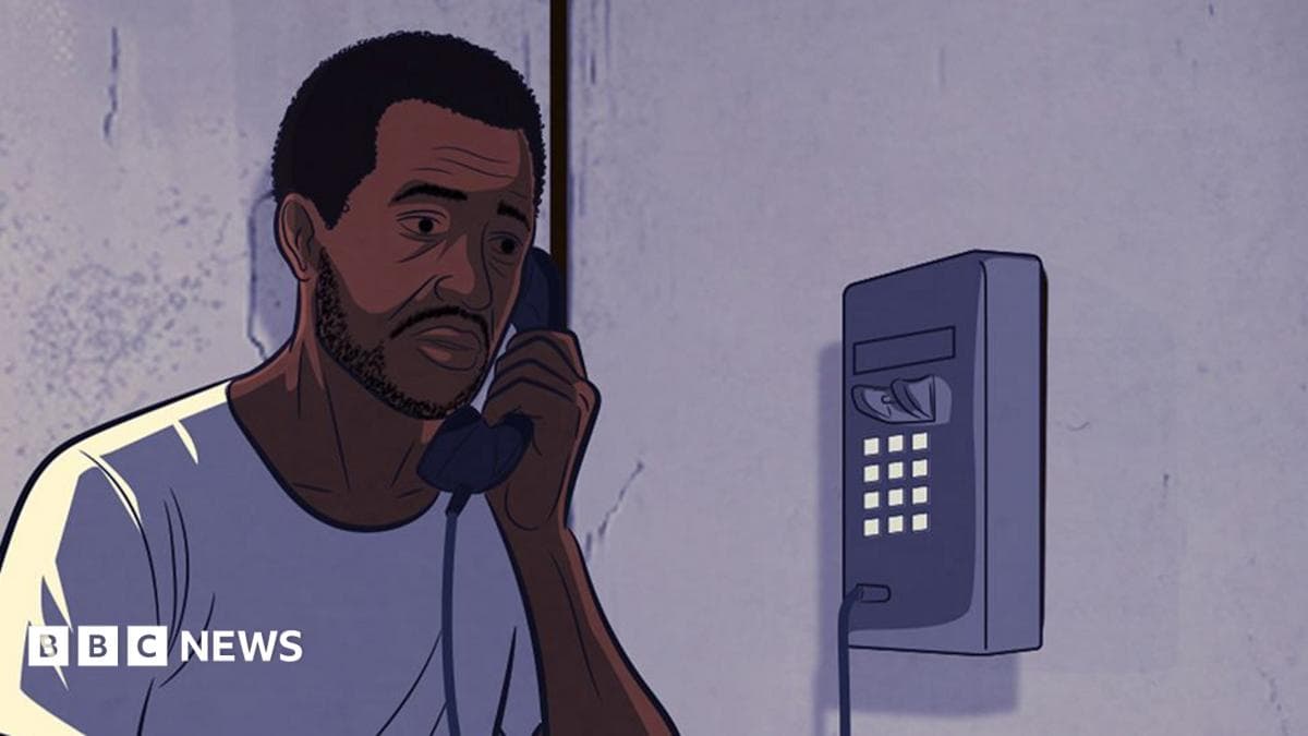 An illustration of a man on a wall-mounted telephone. He is wearing a white T-shirt.