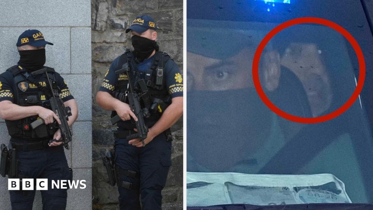 Composite image of officers outside court and Kinahan in the back of a police car in Dublin.