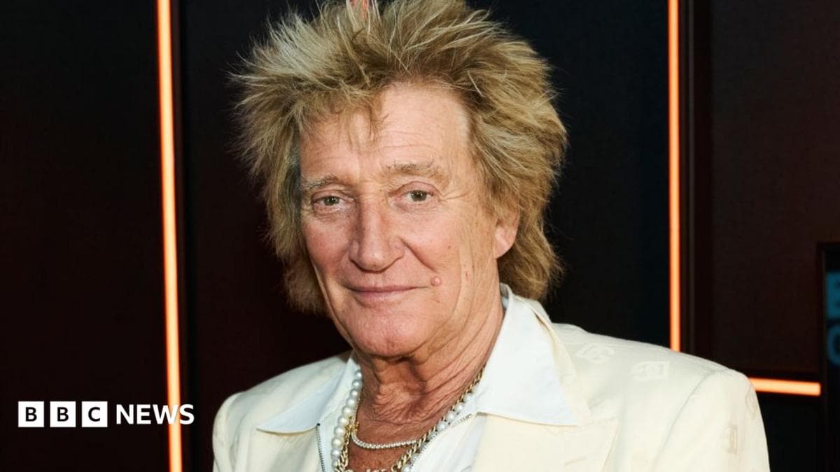 Rod Stewart pictured in the BBC Radio 2 studio in 2025, wearing a white shirt