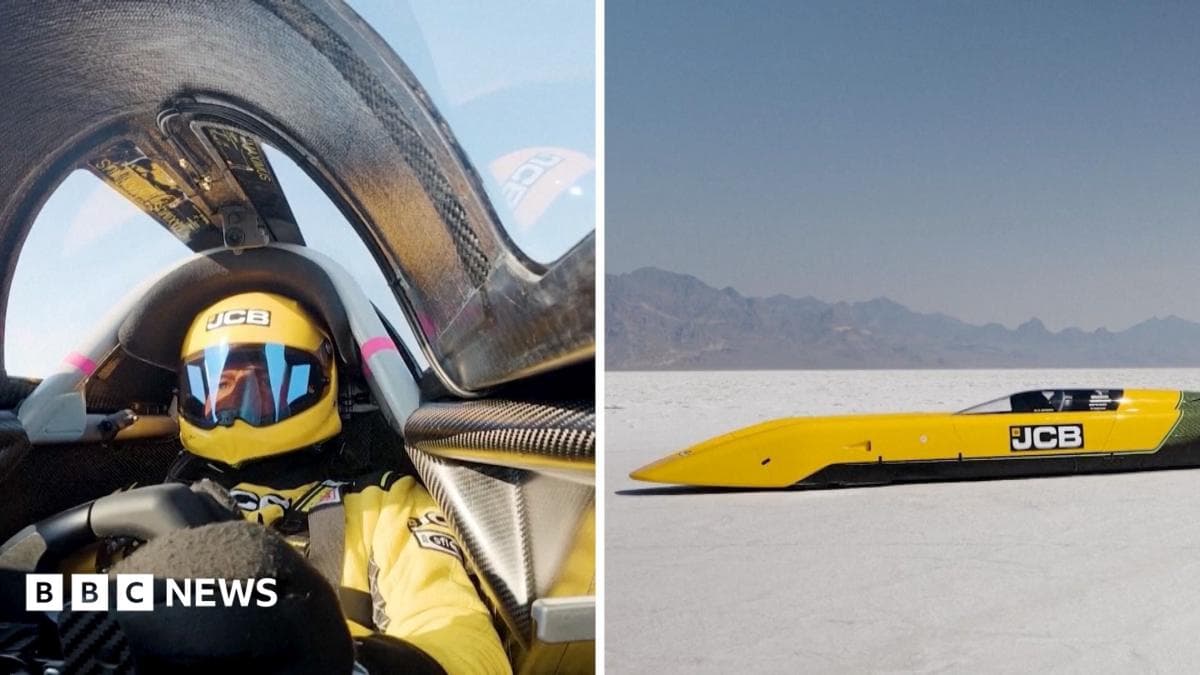 A splitscreen of the interior of a race car and an external shot of the yellow hydrogen-powered race car.