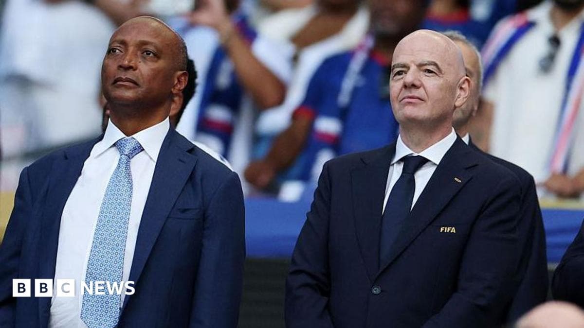 President of the Confederation of African Football Patrice Motsepe and FIFA President Gianni Infantino are seen ahead of the 2026 World Cup Group H football match between Uruguay and Cape Verde at the Miami Stadium in Miami Gardens on June 21, 2026.
