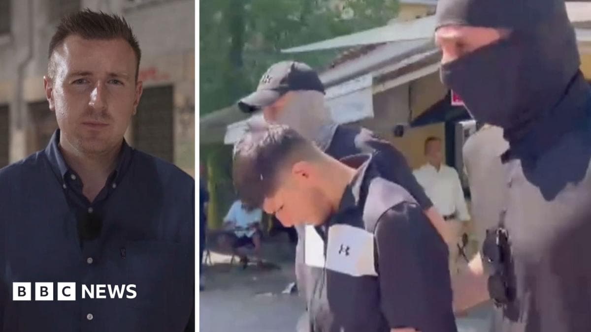 Composite image of Ben in Athens and Sharif being walked out of court by police