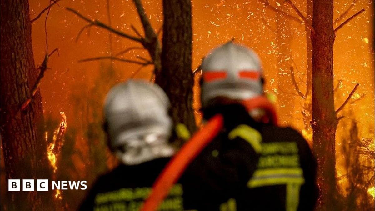 Two firefighters direct a hose at a burning forest around 30km from Bordeaux, on July 26, 2026.