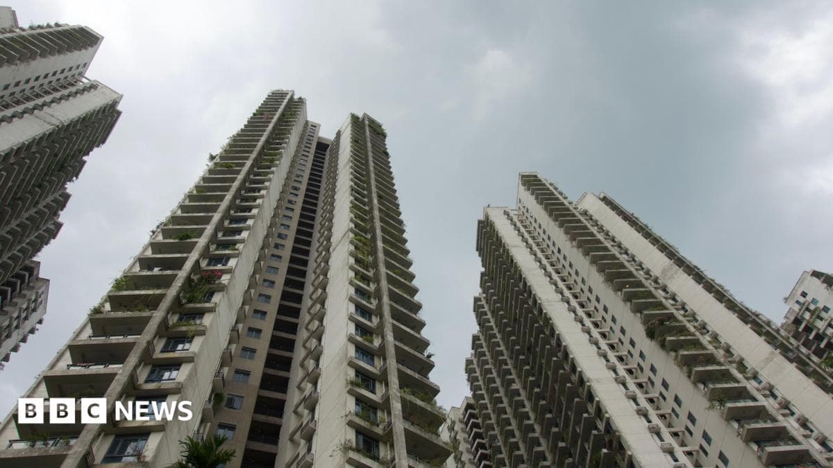 High-rise apartment buildings in Forest City seen from below
