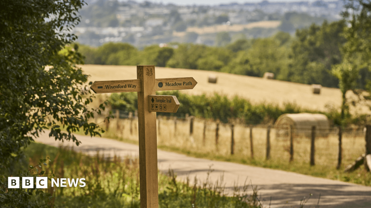 A wooden wayfinding sign stands beside a rural path bordered by grass, trees and fenced fields. The sign points to “Wixenford Way,” “Meadow Path,” and “Turnpike Trail.” In the background, hay bales dot a golden field, with trees and a distant town visible beyond.