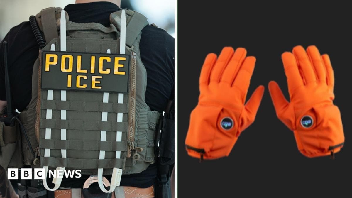 Split screen. Left, ICE. Right, electric gloves that ICE is going to use.