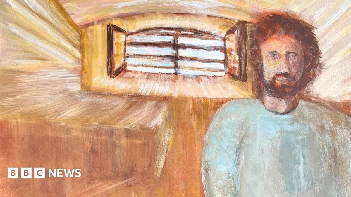 An acrylic self portrait of a man in his prison cell. He is depicted with short red hair and facial hair, standing in front of a window.