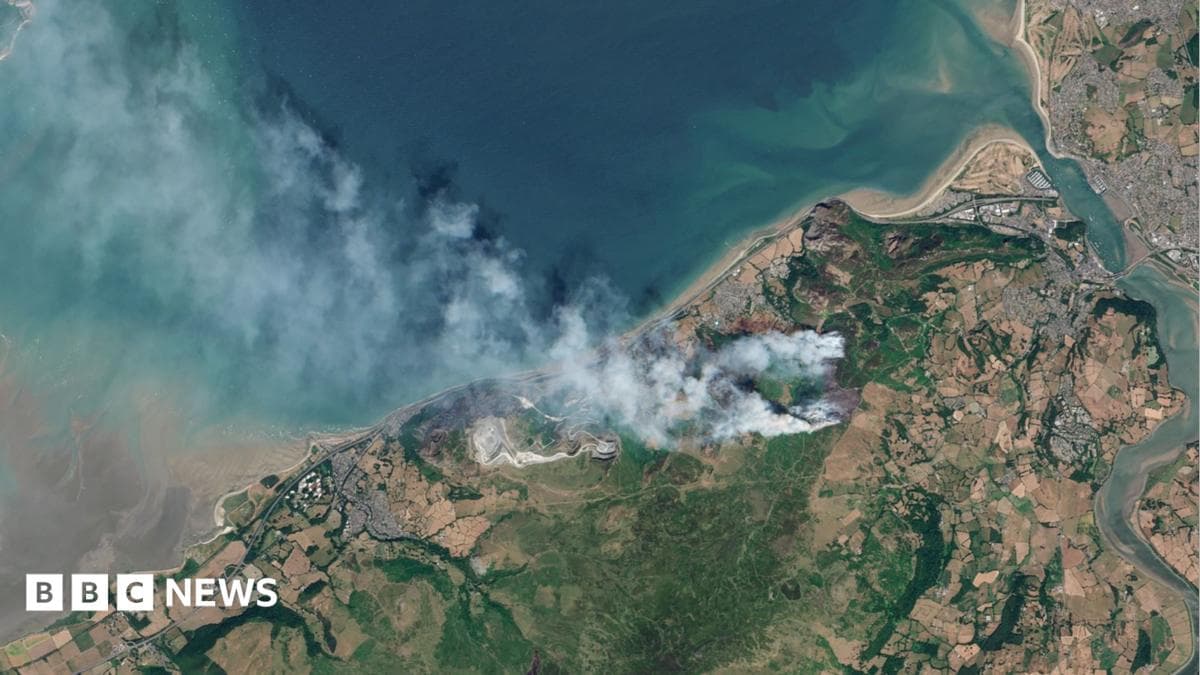 Aerial image of land with white smoke billowing from it.