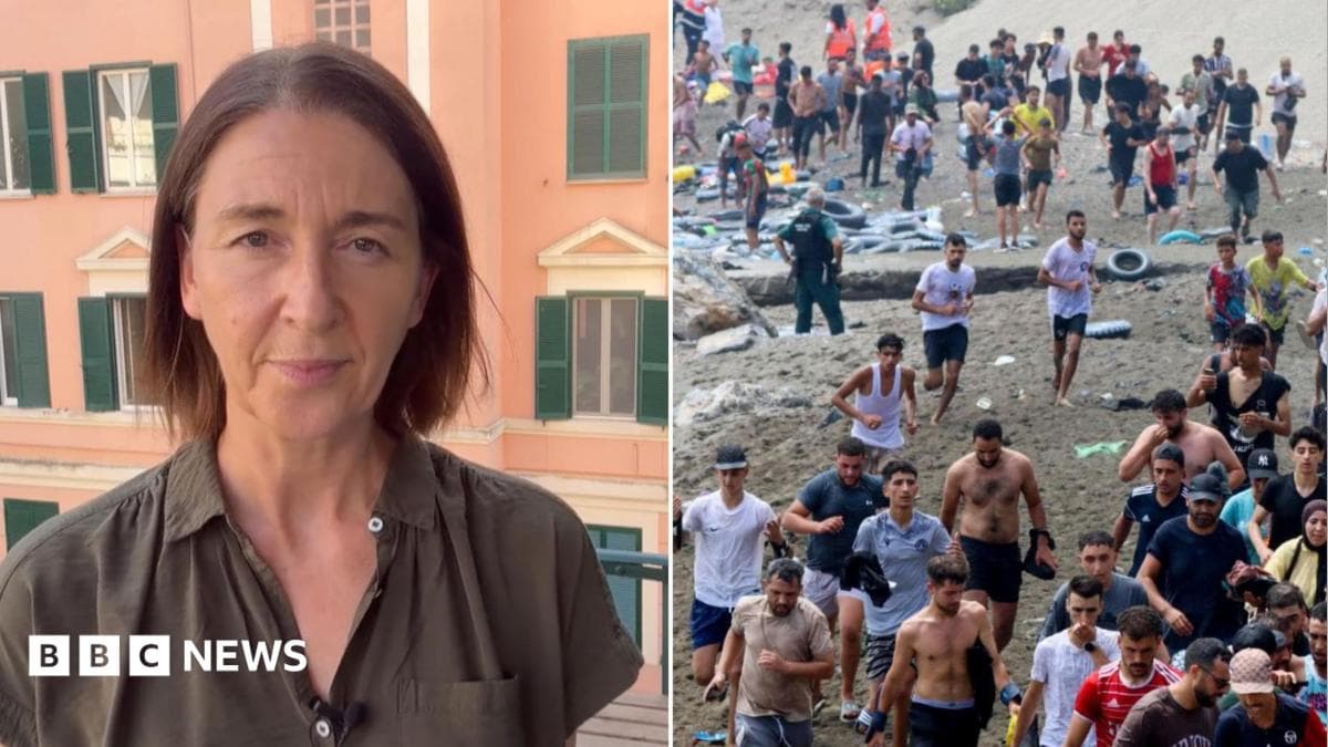 Composite image showing BBC's Sarah Rainsford on the left hand side and hundreds of migrants on Ceuta beach on the right