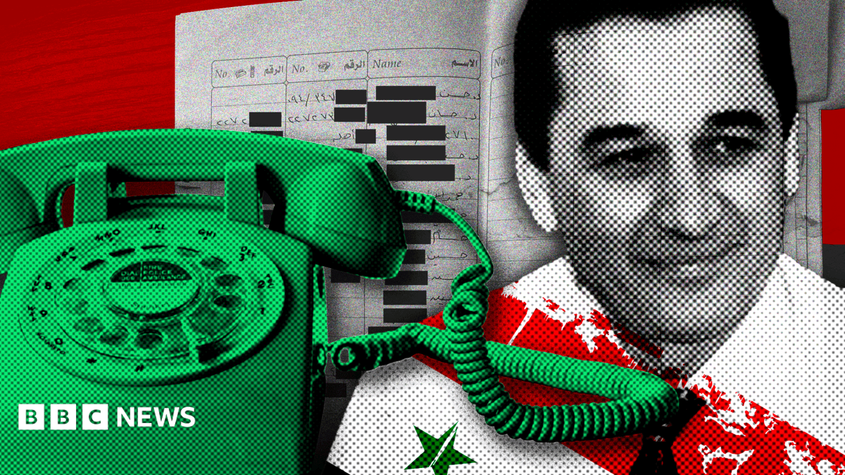 A designed image showing a landline telephone, Hussam Luka and the phone book, in red, white and green - the colours of the Syrian flag