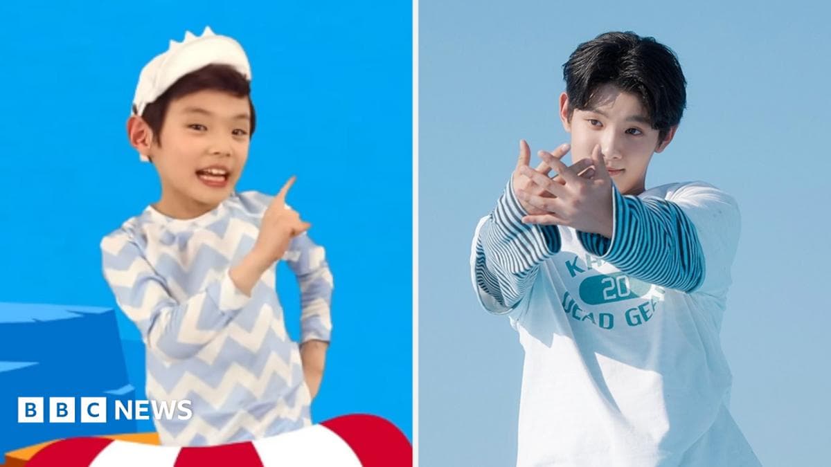 Park Geon-roung aged seven in the Baby Shark music video on the left. Park Geon-roung aged 17 dancing on the right.