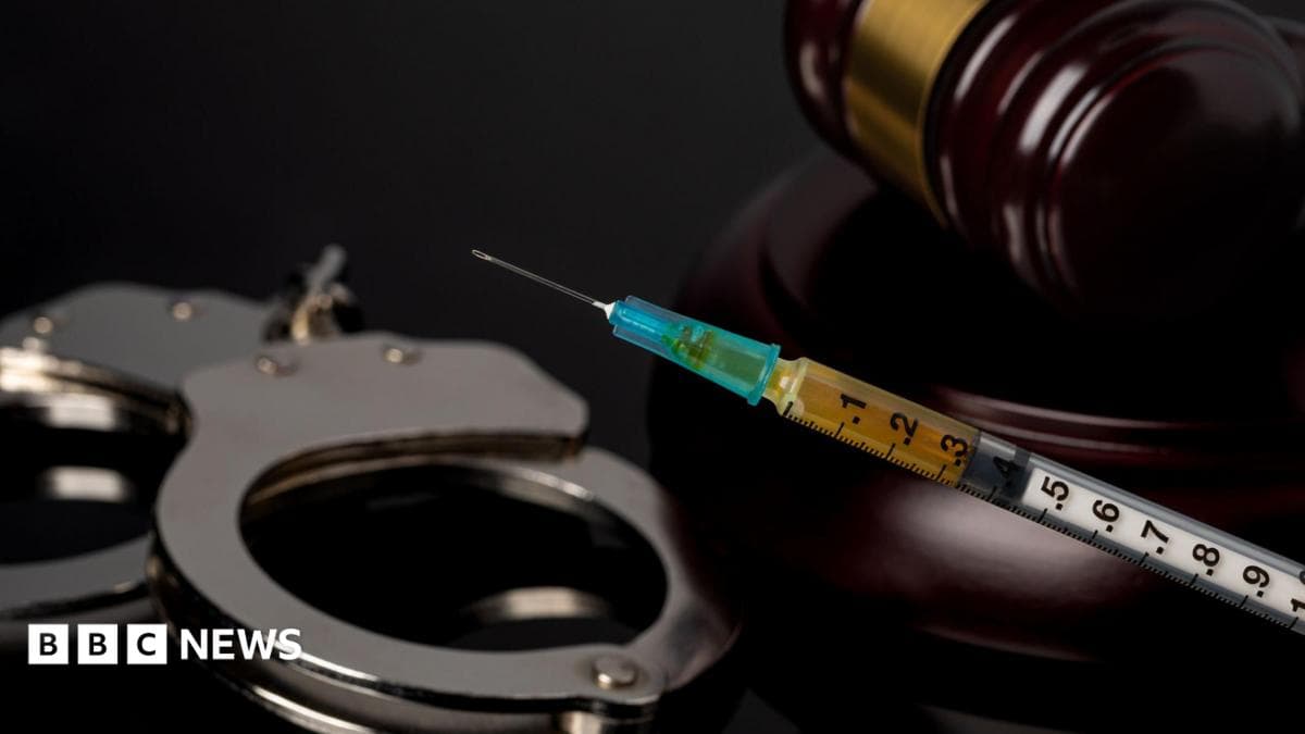 A stock image that shows handcuffs, a gavel and a syringe