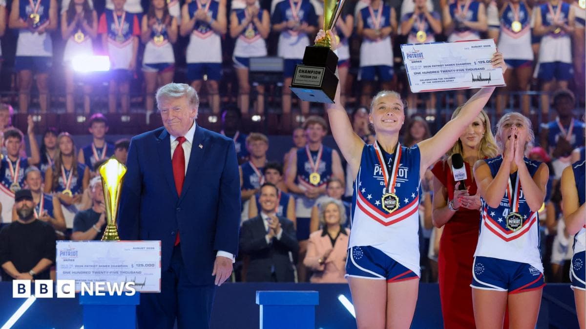 US President Donald Trump appears onstage with athletes during the 2026 Patriot Games final at SPIRE Academy in Geneva, Ohio