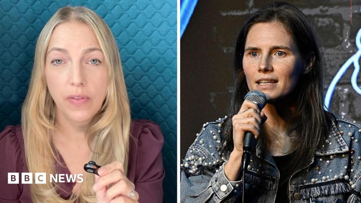 Two separate images of BBC reporter looking at camera, and Amanda Knox speaking into a microphone
