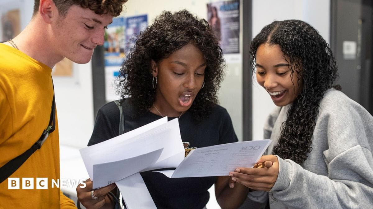 A teenage boy and two teenage girls look at pieces of paper containing their exam results. The girl in the middle has her mouth wide open while the girl on the left is smiling