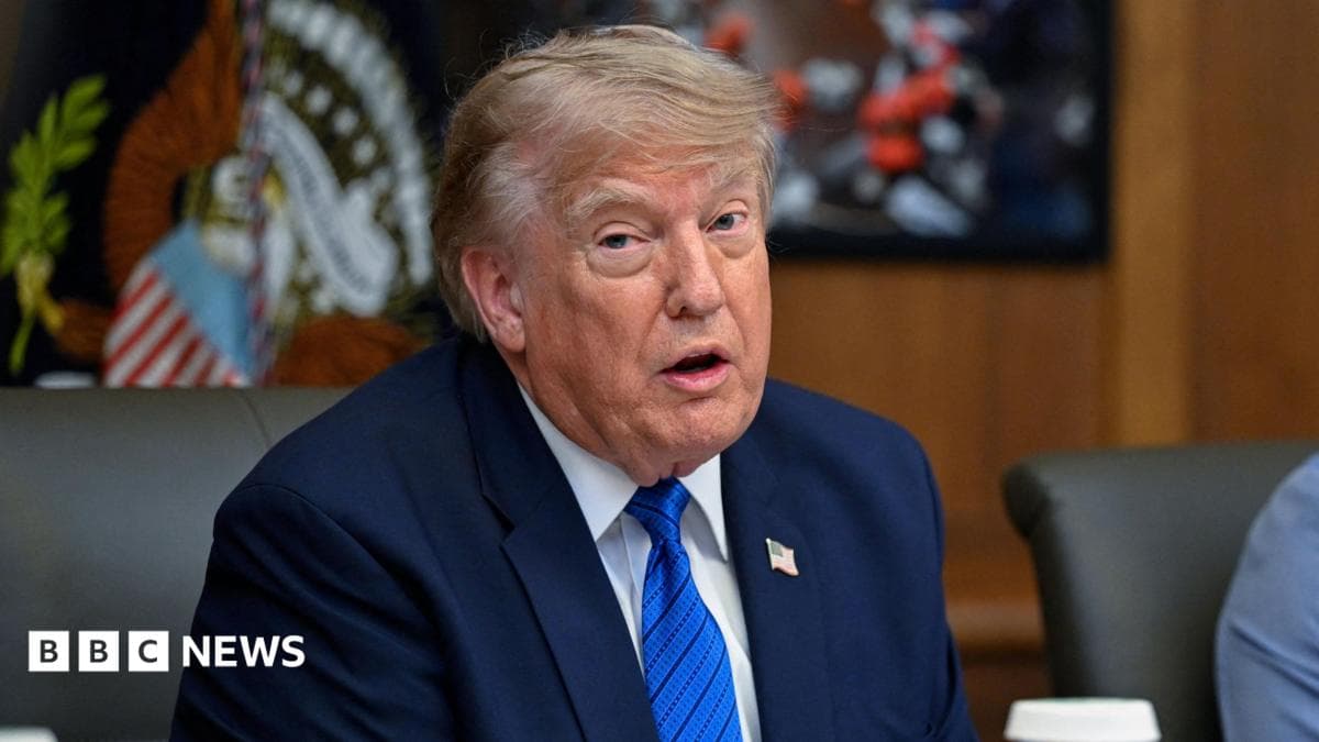 Donald Trump sitting at a US cabinet meeting at Camp David on 31 July, wearing a dark blue suit, a lighter blue tie with black horizontal stripes, a white shirt and a badge of the US flag pinned to his jacket.