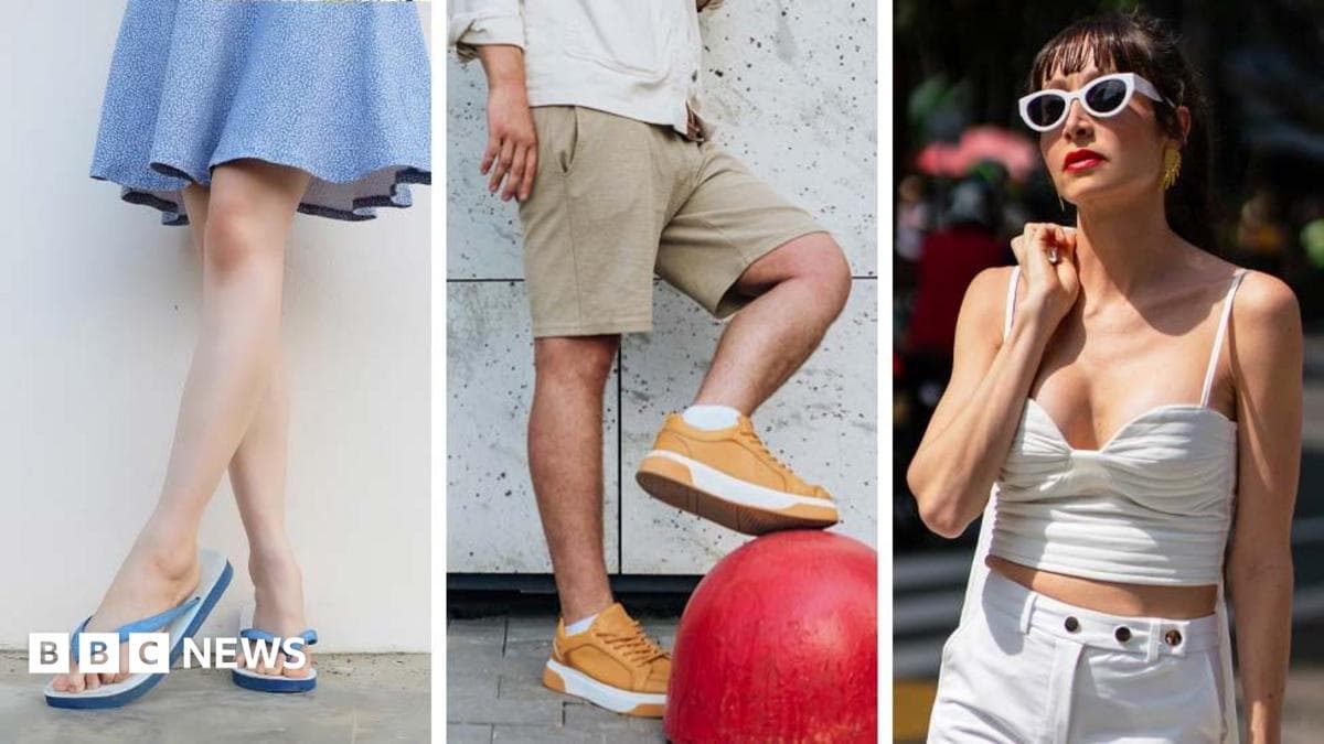 Three side by side photos from left a woman's legs wearing a skirt and flip flops, a man's legs wearing shorts and a woman wearing a white strappy top