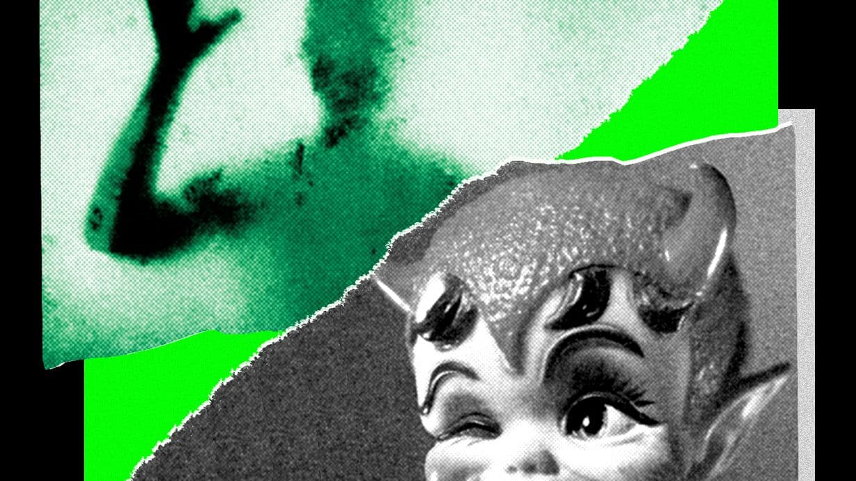 Image may contain Face Head Person Photography Portrait Baby Art Collage Alien and Crowd