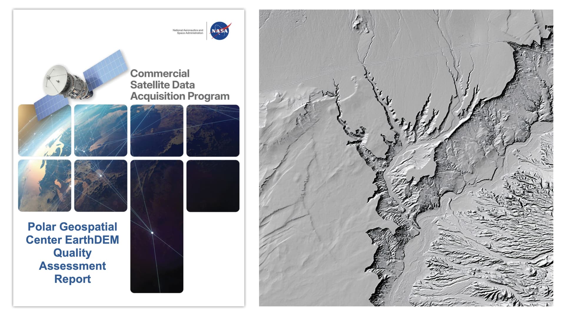 At left, the cover of the rogram recently released Polar Geospatial Center EarthDEM Quality Assessment Report, which features an image of a satellite on a white field over an image of Earth from space that divided into squares. Shaded relief rendering of EarthDEM data showing the Virgin River, Nevada. DEM derived from Vantor imagery. Credit: EarthDEM Project.