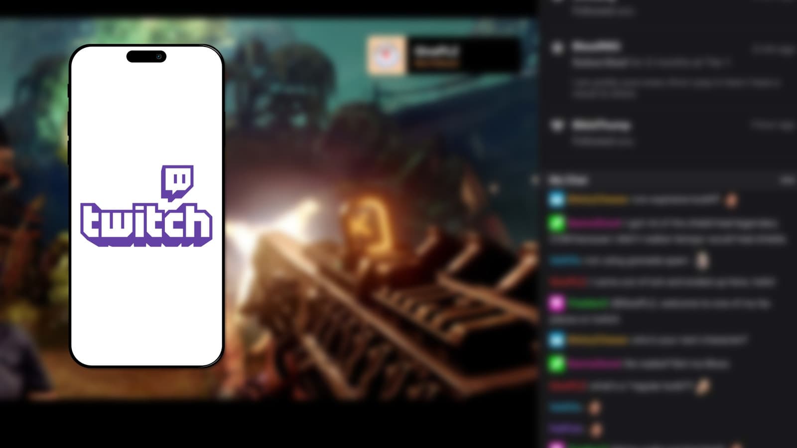 The Twitch logo on a phone with a blurred image of a Twitch stream in the background.
